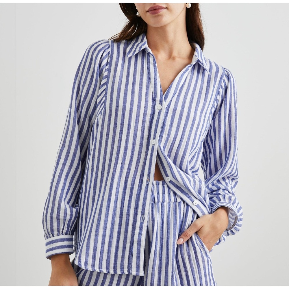 Rails Shirt Lo Button Front Anacapa Stripes Organic Cotton White Blue Medium